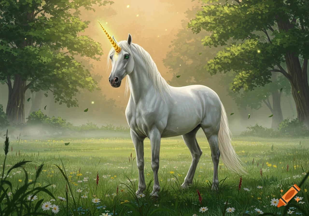 A majestic white unicorn with green eyes and a glowing golden horn stands in a sunlit, misty meadow filled with wildflowers and trees.
