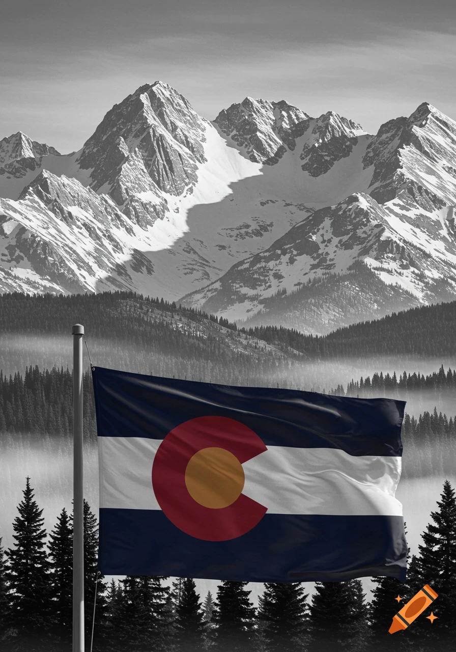 The colorful Colorado state flag waves in front of a majestic, grayscale snow-capped mountain range and dense evergreen forests.