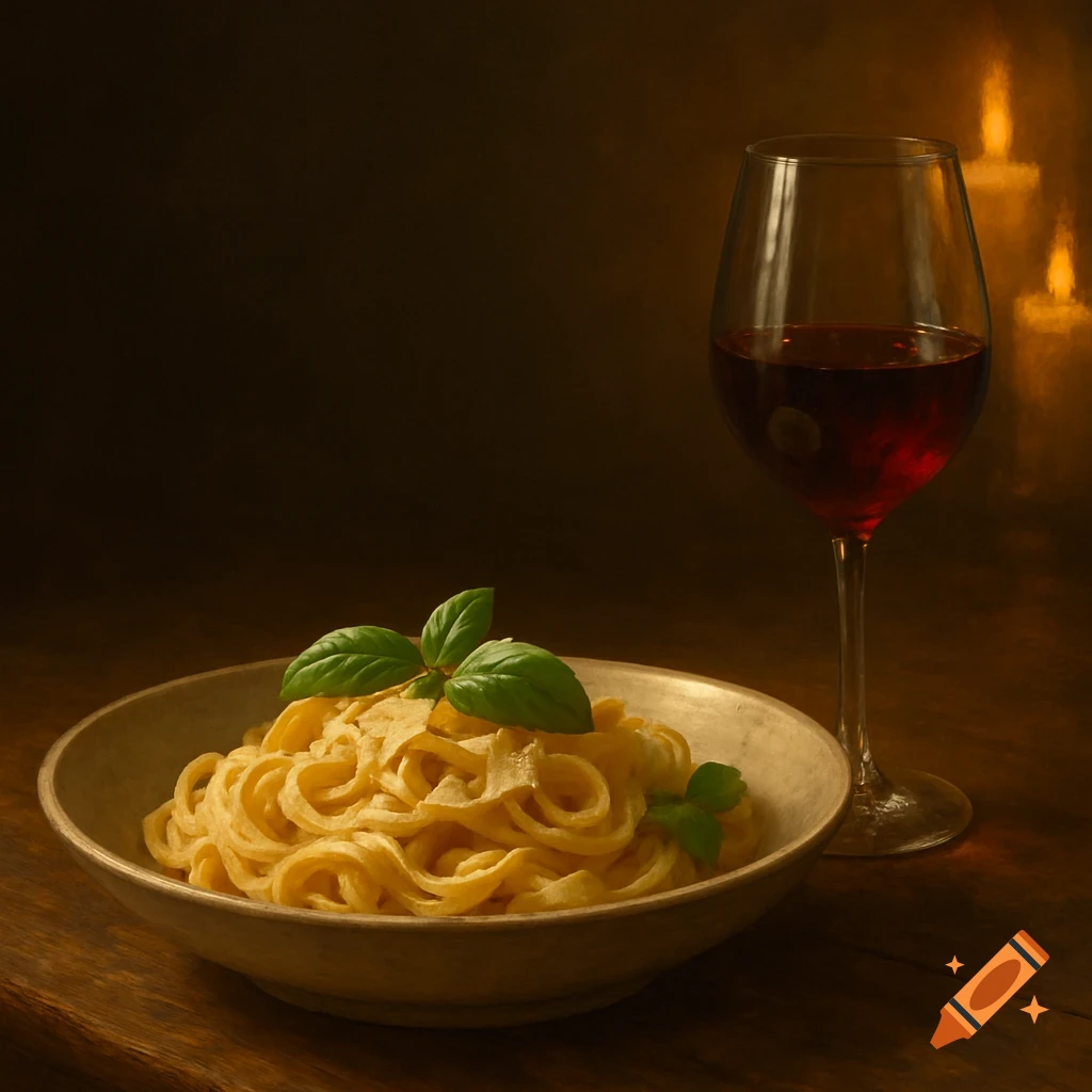 A bowl of pasta with basil and a glass of red wine on a wooden table, lit by candles.