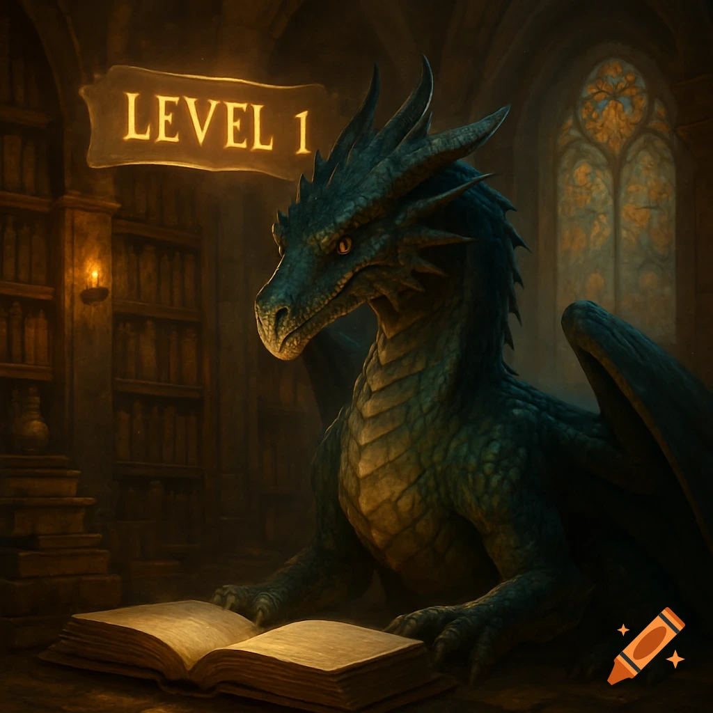 A large green dragon reads an open book in a dimly lit ancient library, with a glowing 'LEVEL 1' sign above.