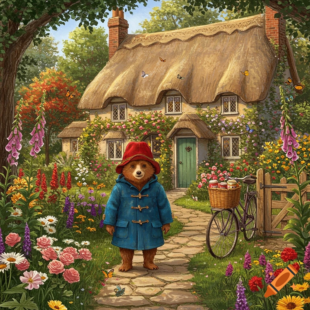 Paddington Bear in blue coat and red hat on a stone path in a vibrant, flowery cottage garden with a thatched-roof house and bicycle. Whimsical illustration.