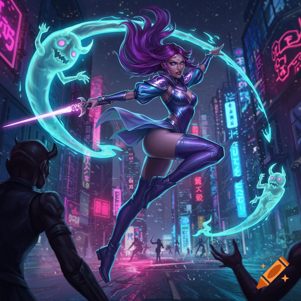 A female demon hunter with purple hair in a futuristic cyberpunk city battles shadowy figures and glowing ghosts, wielding a glowing sword.