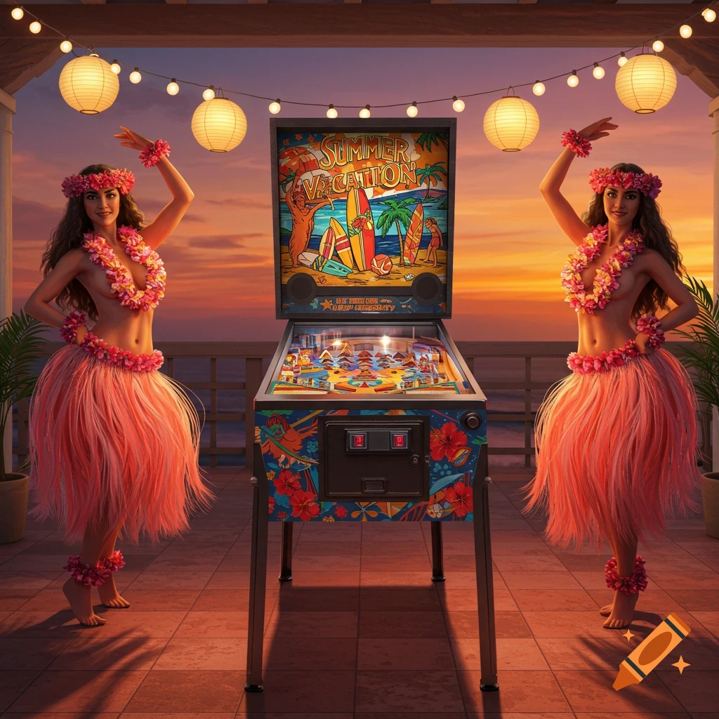 Two hula dancers in leis and grass skirts stand on either side of a summer-themed pinball machine on an outdoor patio at sunset.