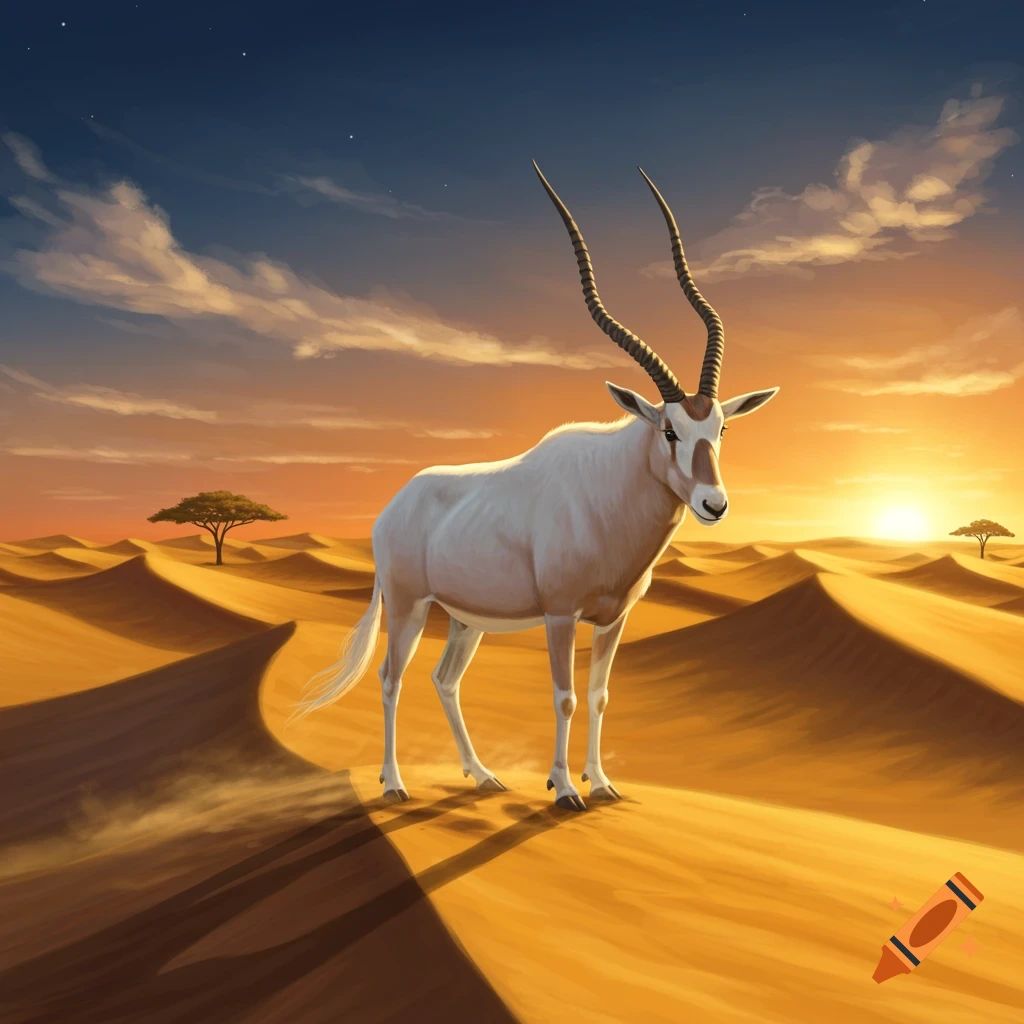 An addax stands on a sand dune in a desert at sunset, with a vibrant orange and blue sky.