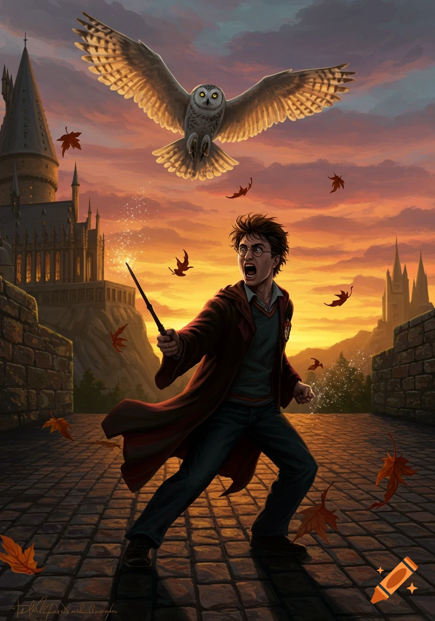 Harry Potter yells and casts a spell with a glowing wand, as an owl flies above him against a vibrant sunset sky over a castle.