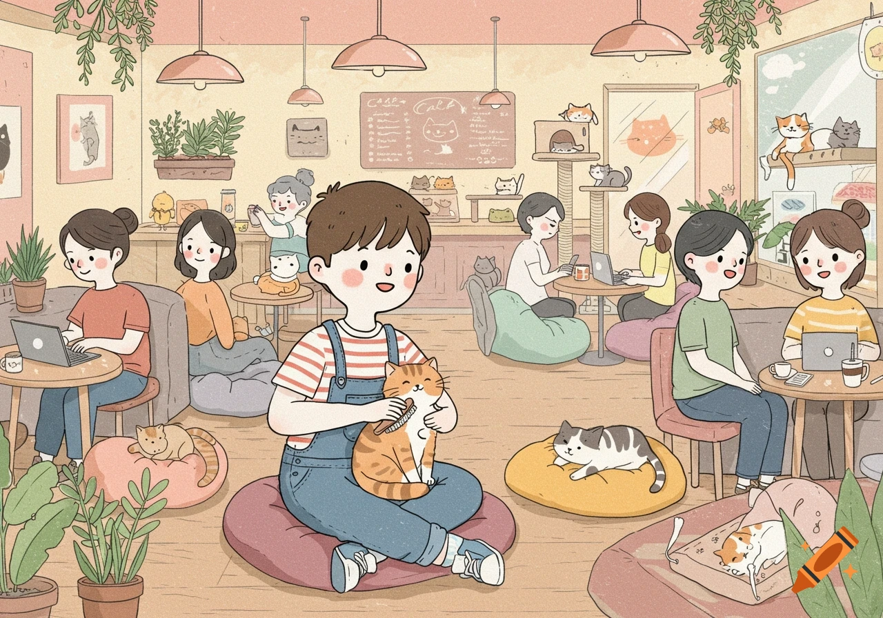 Cartoon drawing of people interacting with cats in a cozy cat cafe, with a boy in the foreground petting a cat.
