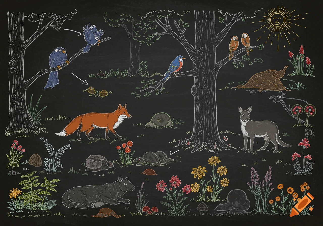 A stylized chalk drawing on a blackboard depicting a forest ecosystem with various animals, trees, and plants, illustrating ecological relationships.