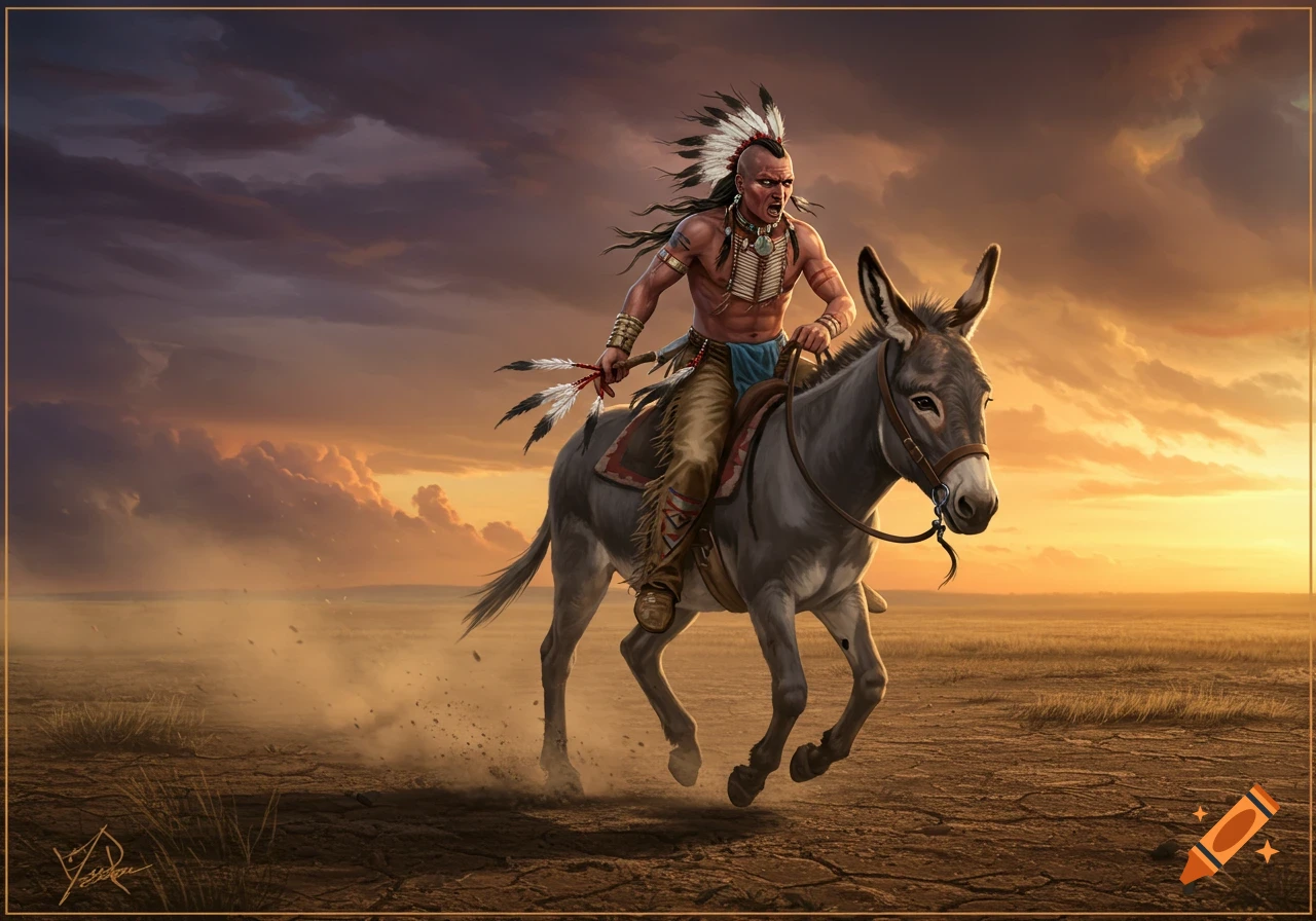 A stoic Indigenous man with a mohawk and feather headdress rides a donkey across a dusty, cracked desert landscape at sunset, in a digital painting style.