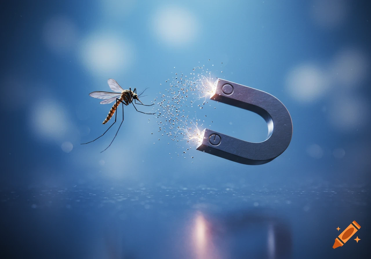 A mosquito flies near a sparking horseshoe magnet against a blue, blurry background.
