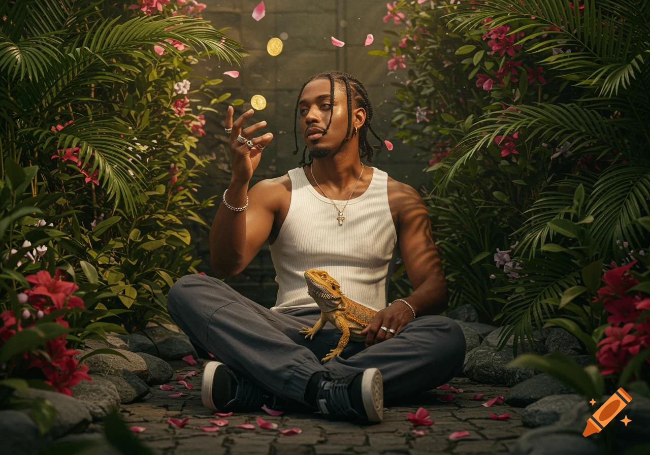 Hyper-realistic image of a stylish man with braids sitting in a tropical oasis, a bearded dragon on his lap, tossing a gold coin.