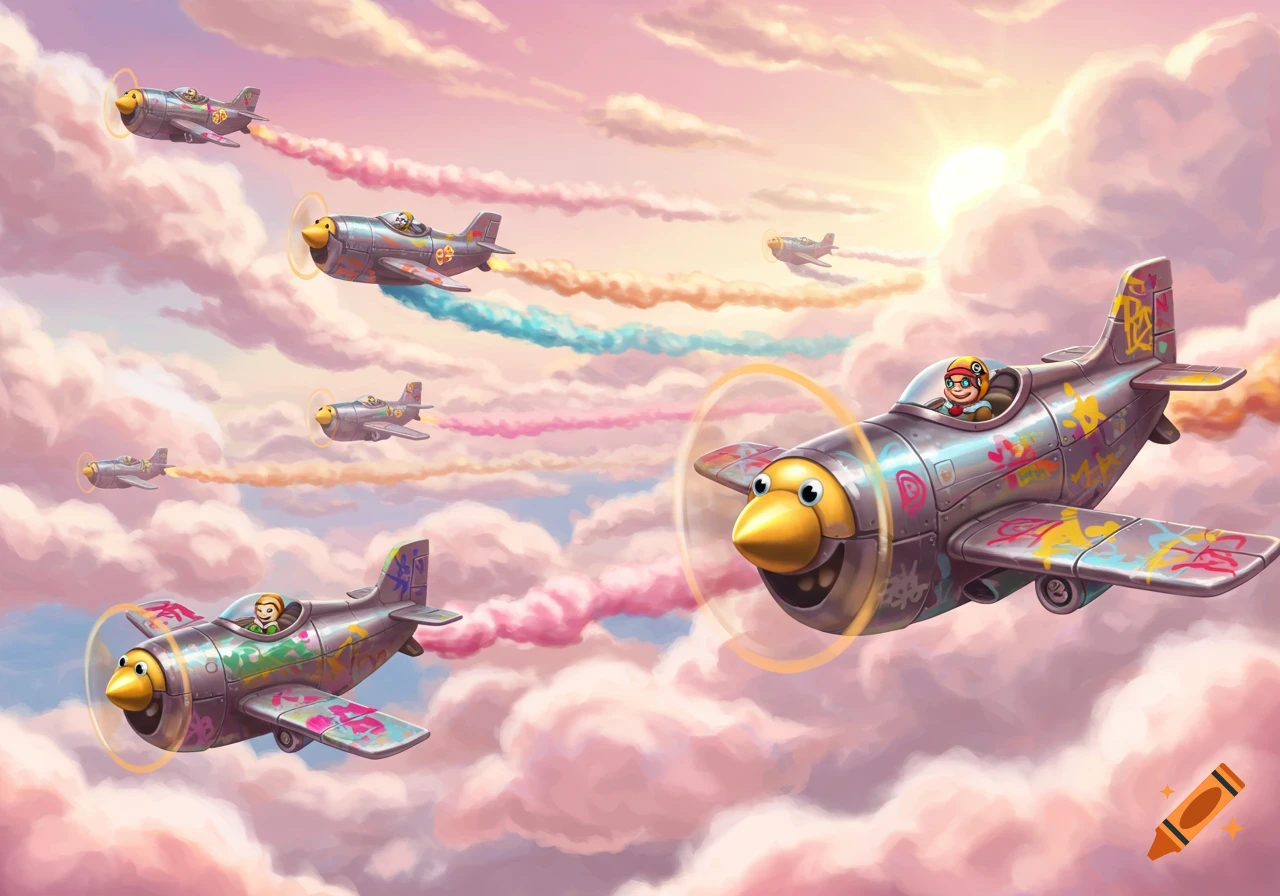 Cartoon airplanes with faces flying in a cloudy sky at sunset, leaving colorful smoke trails.