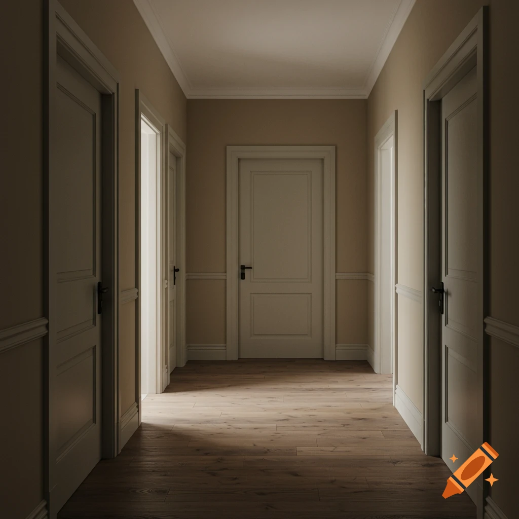 A photorealistic view of a dimly lit residential hallway with light tan walls, hardwood floors, and multiple cream-colored doors.
