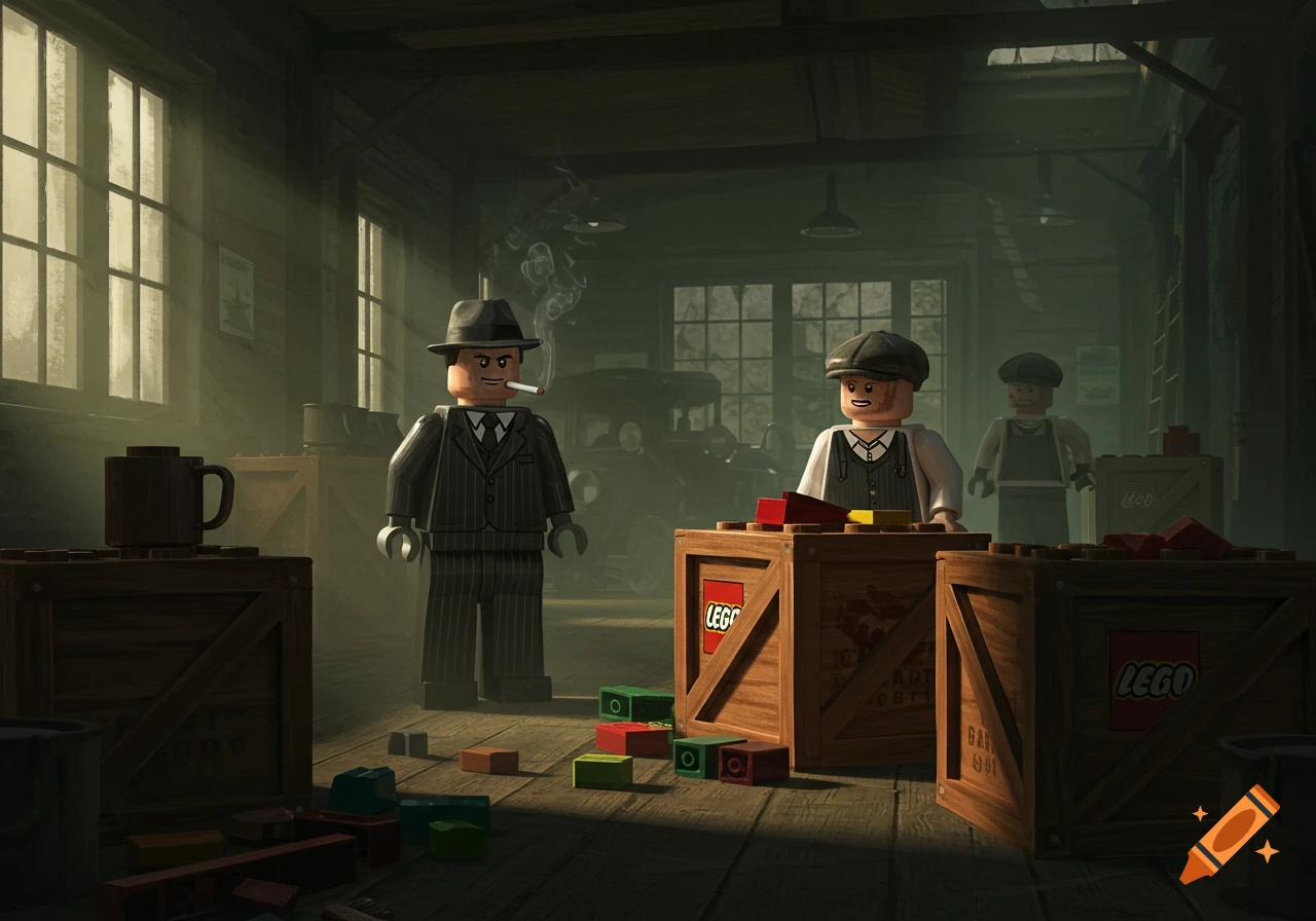 Lego characters as 1930s gangsters in a dimly lit warehouse, one smoking, with wooden crates of Lego bricks.