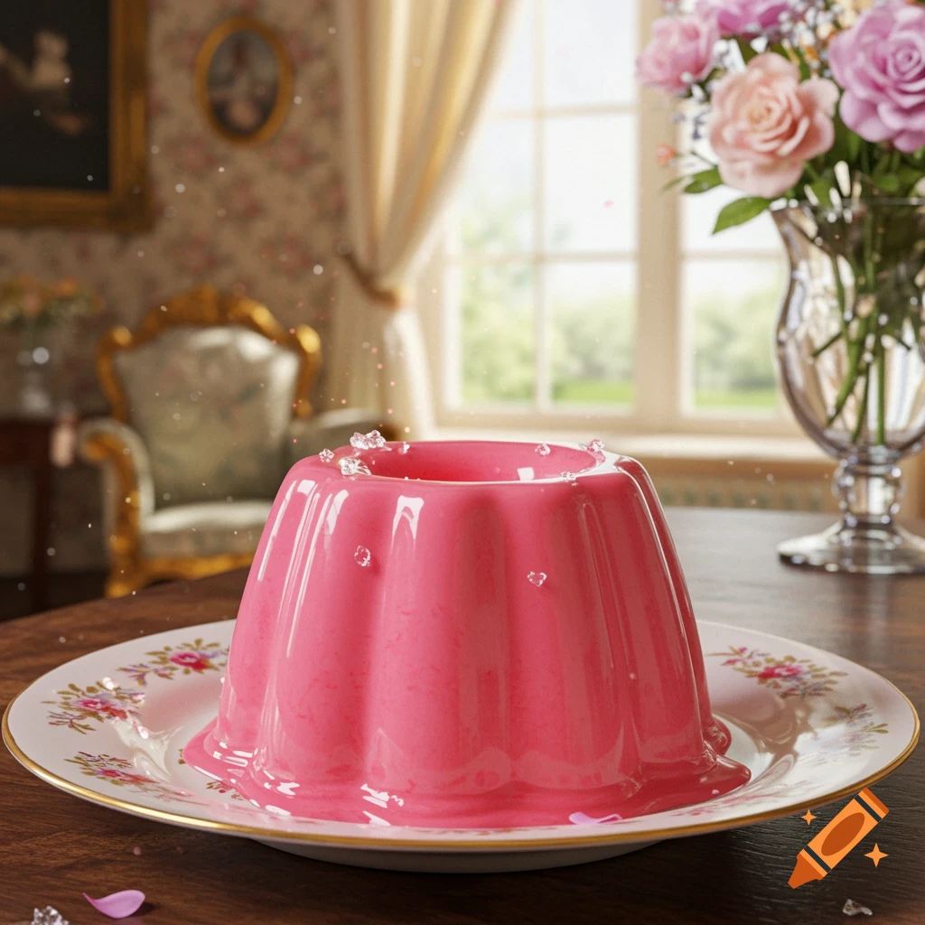 Bright pink pudding on a decorative plate with small splashes, set on a wooden table in a classic living room.