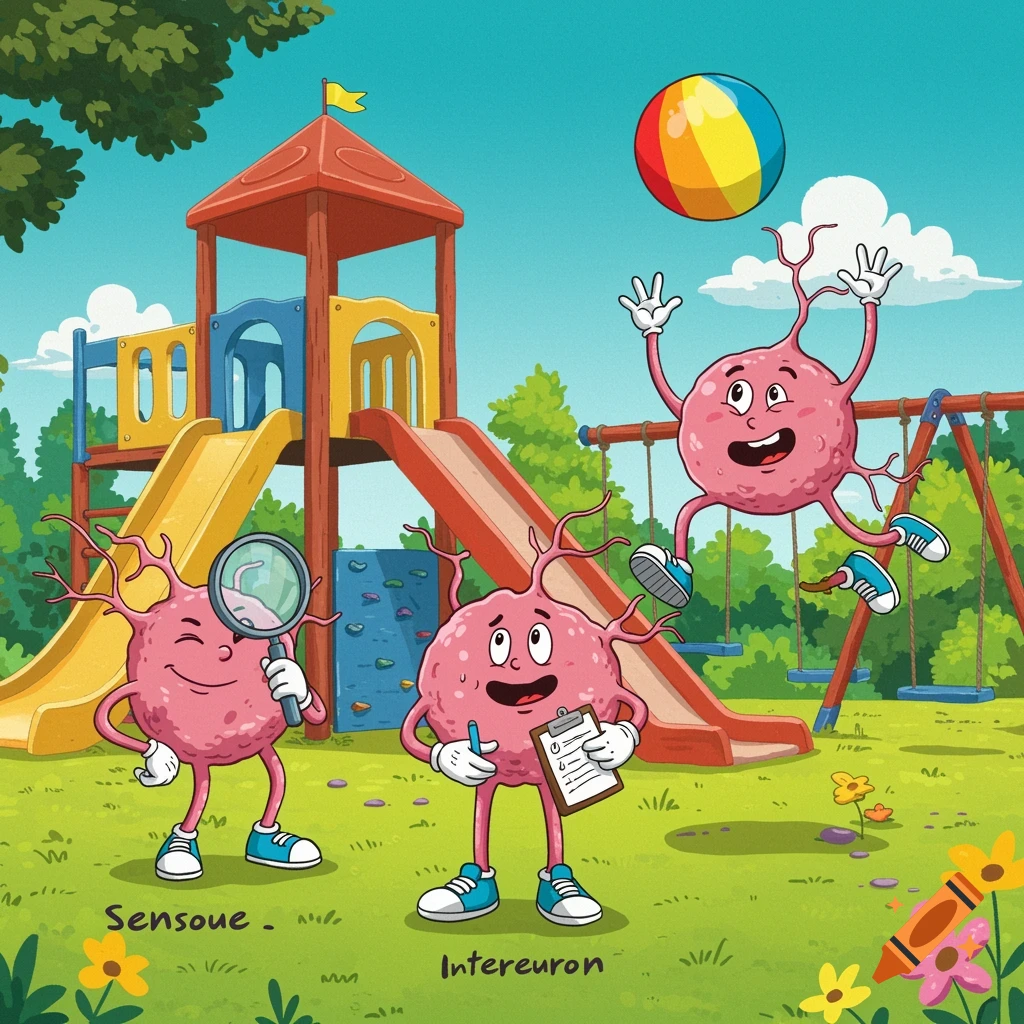 Cartoon neurons play in a bright playground, one inspecting with a magnifying glass, one holding a clipboard, and another jumping for a ball.