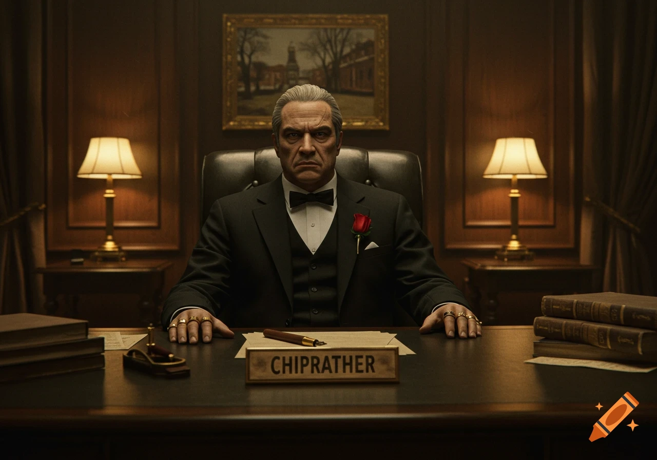 Photorealistic portrait of a serious man in a black suit, resembling the Godfather, sitting at a desk in a dark wood-paneled office with a nameplate.