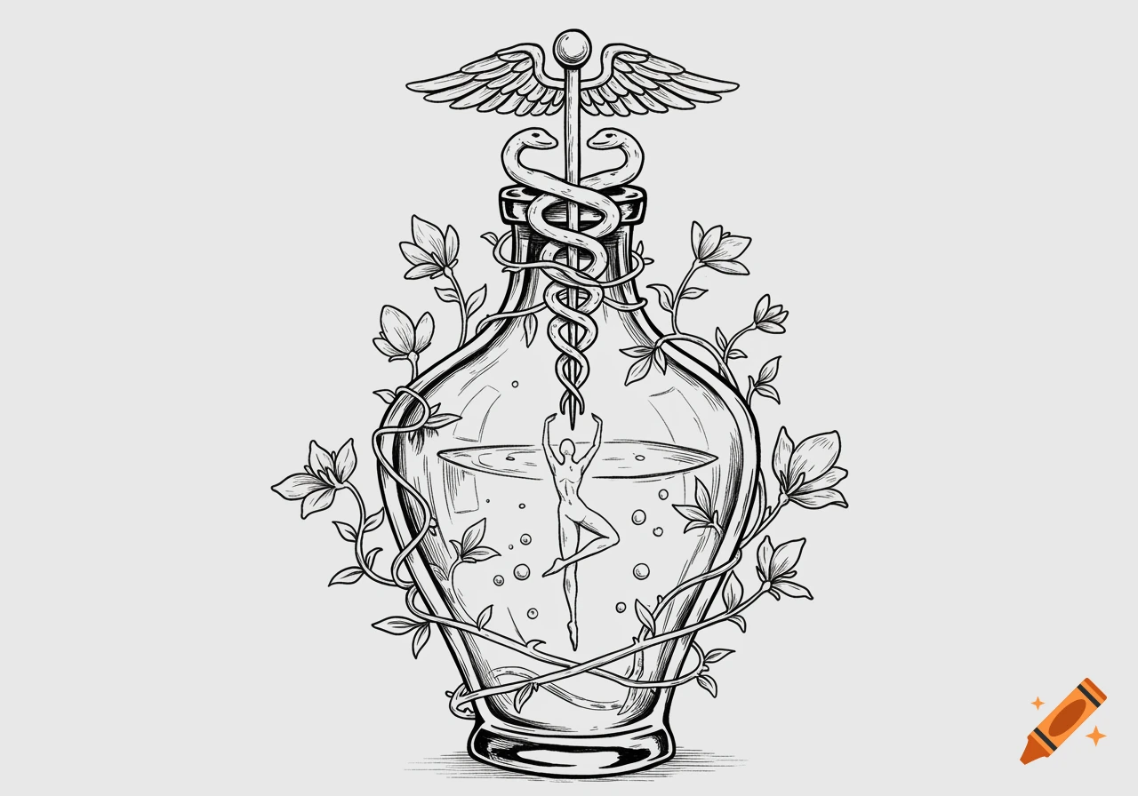 Black and white fine line drawing of an alchemy bottle with a caduceus, wrapped in plants, and a person performing exercises inside.