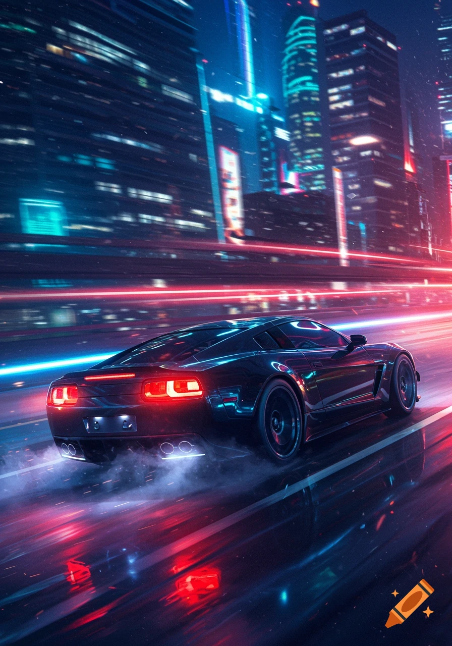 A black sports car speeds down a neon-lit futuristic city street at night, leaving red and blue light trails.