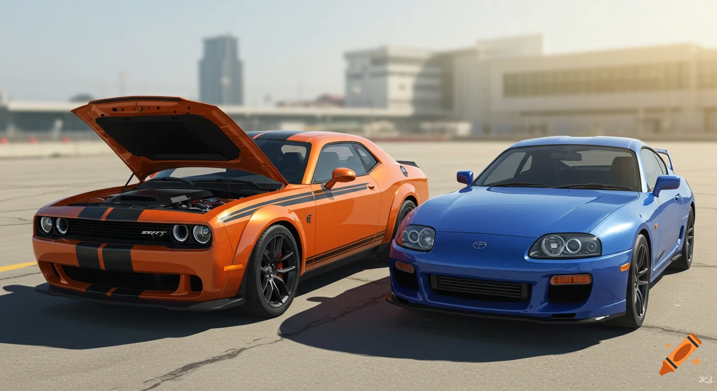 An orange Dodge Challenger with an open hood and black stripes next to a blue Toyota Supra on an asphalt surface under sunlight.