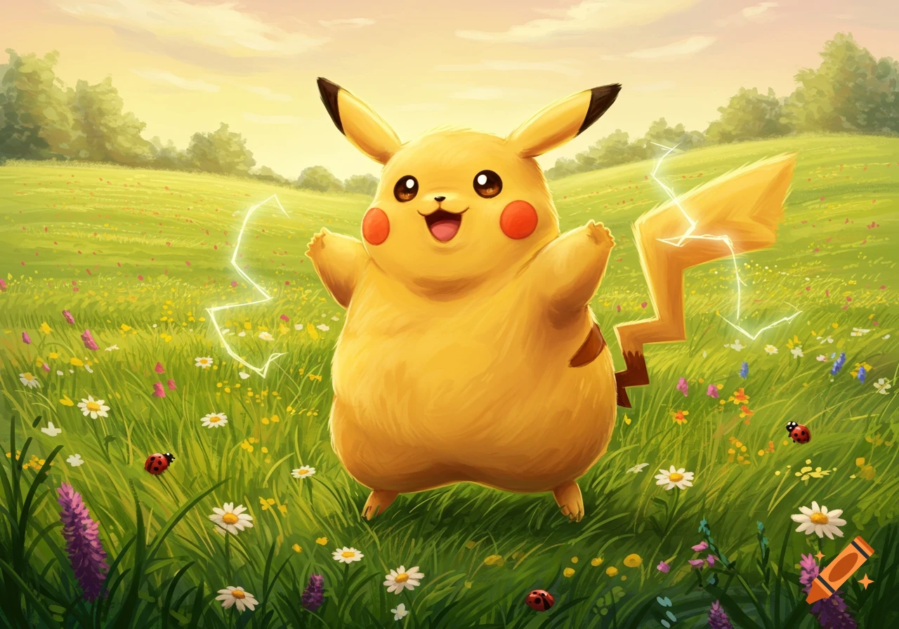 A morbidly obese Pikachu with outstretched arms stands in a vibrant field of wildflowers with lightning crackling around it.