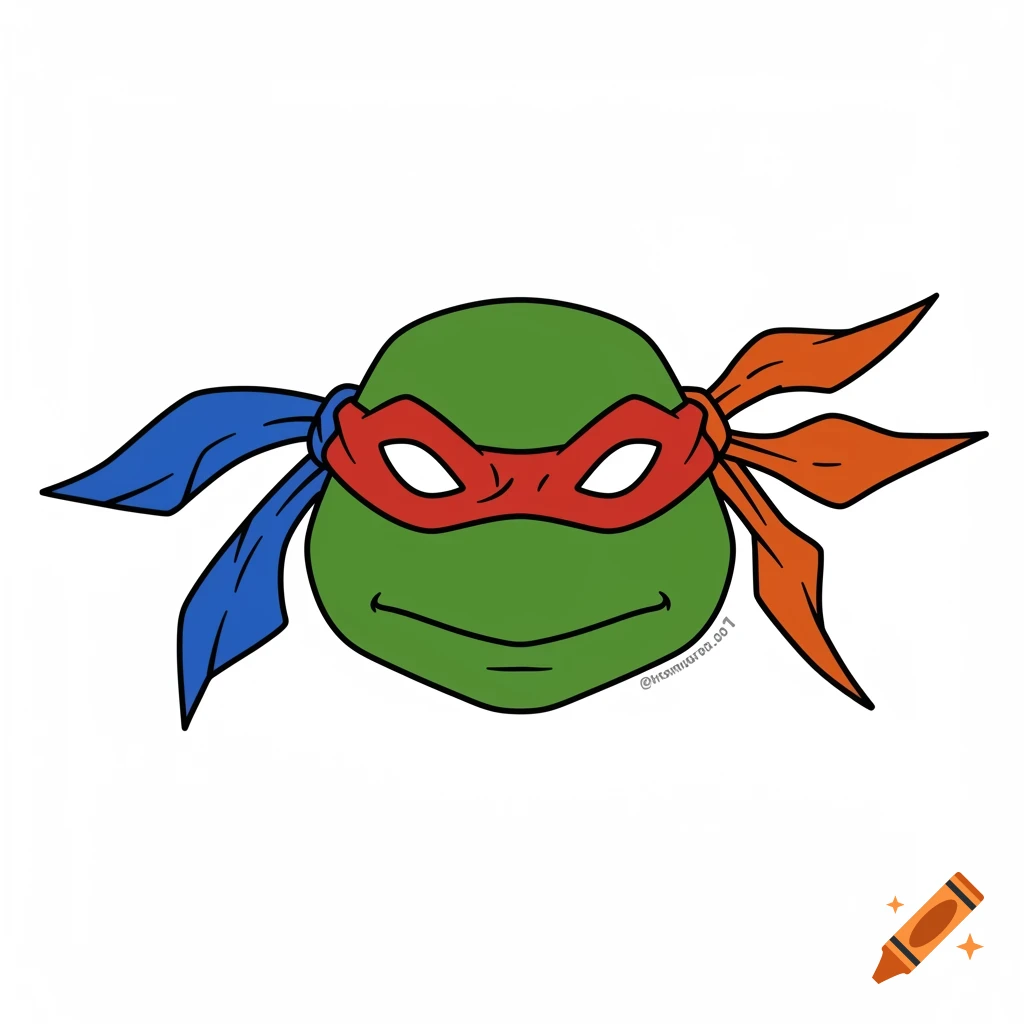 A minimalist cartoon illustration of a Teenage Mutant Ninja Turtle head with a red mask and blue and orange mask ties.