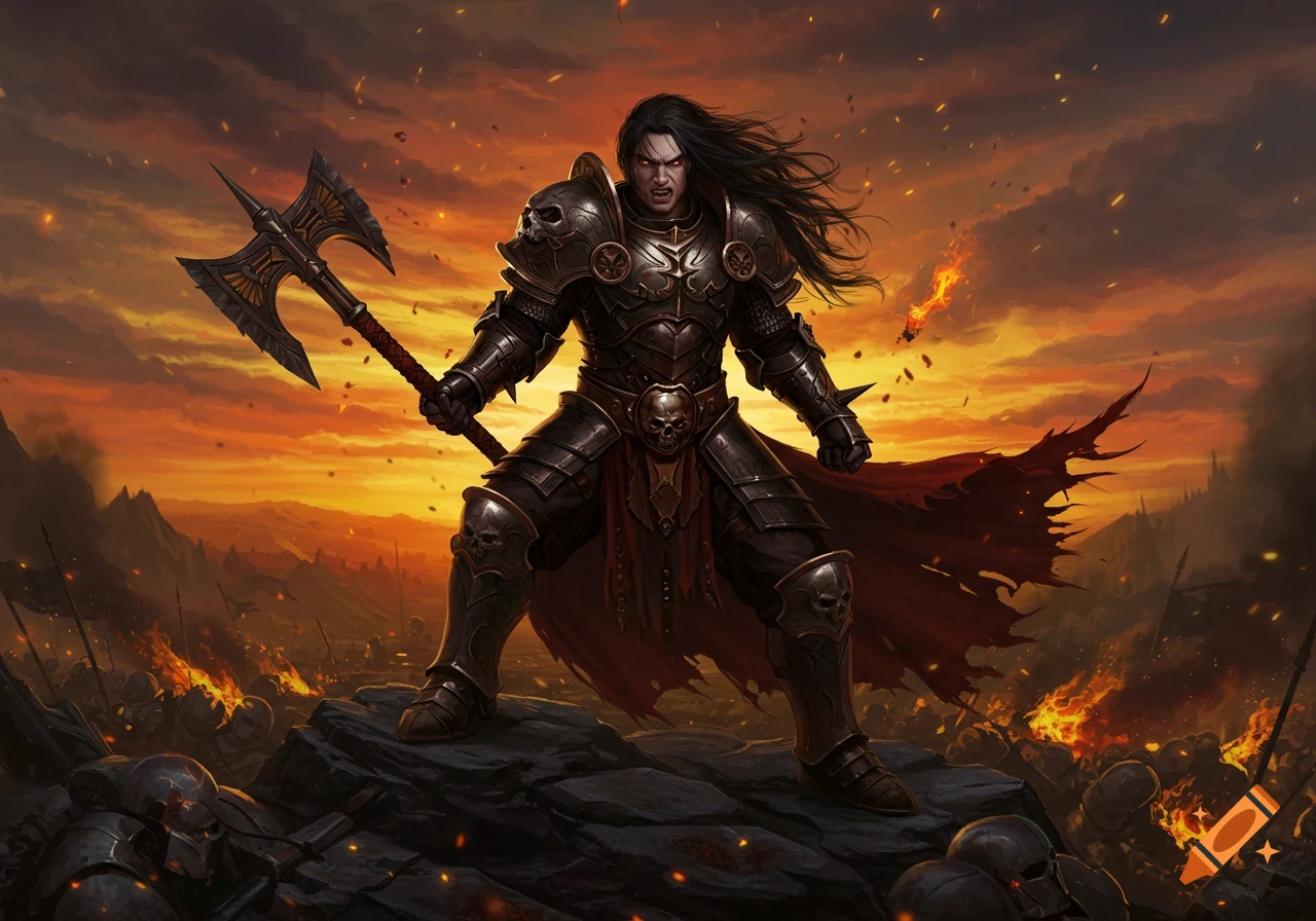 A long-haired male warrior in dark armor holding a double-bladed axe stands on rocks overlooking a fiery battlefield at sunset.