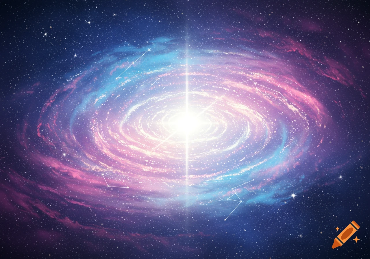 A vibrant spiral galaxy glows with pink, blue, and purple hues, surrounded by stars in deep space.