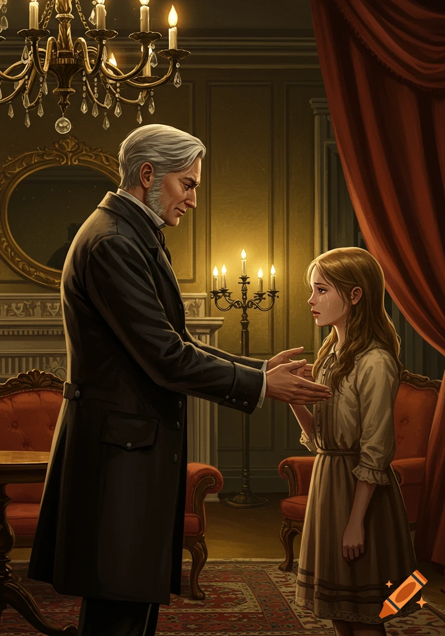 A compassionate Victorian man reaches out to a tearful young girl in a dimly lit, richly decorated room.
