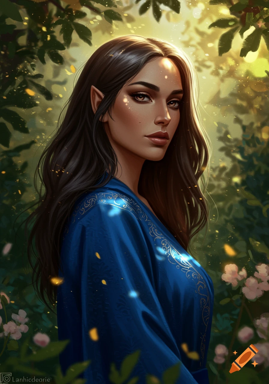 A fantasy portrait of an elf woman with long dark hair and pointed ears, wearing a blue robe, standing in a lush, sunlit forest.