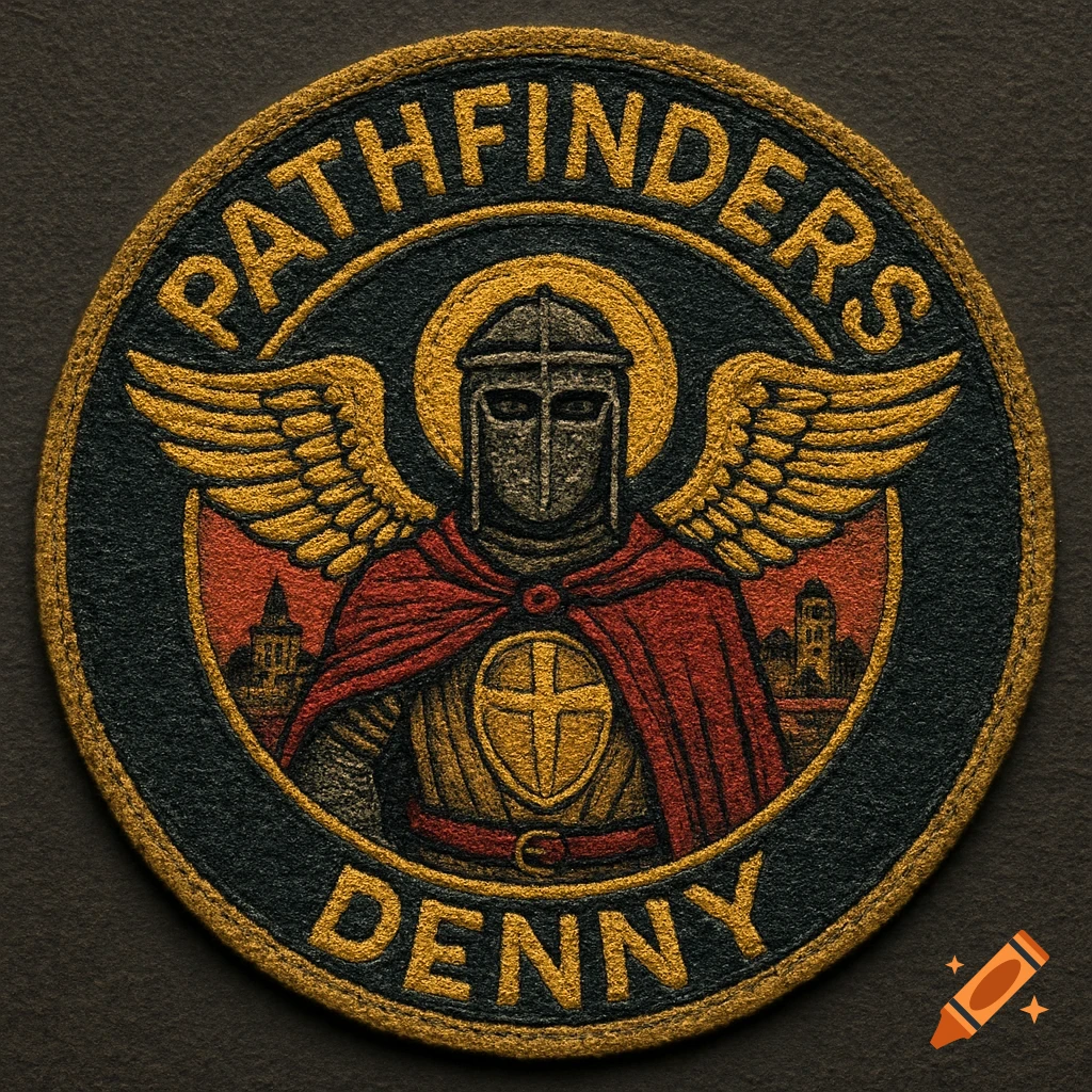 A circular, vintage, embroidered military patch with 'PATHFINDERS' and 'DENNY' text, featuring a masked, winged knight with a halo, against a red and orange cityscape.