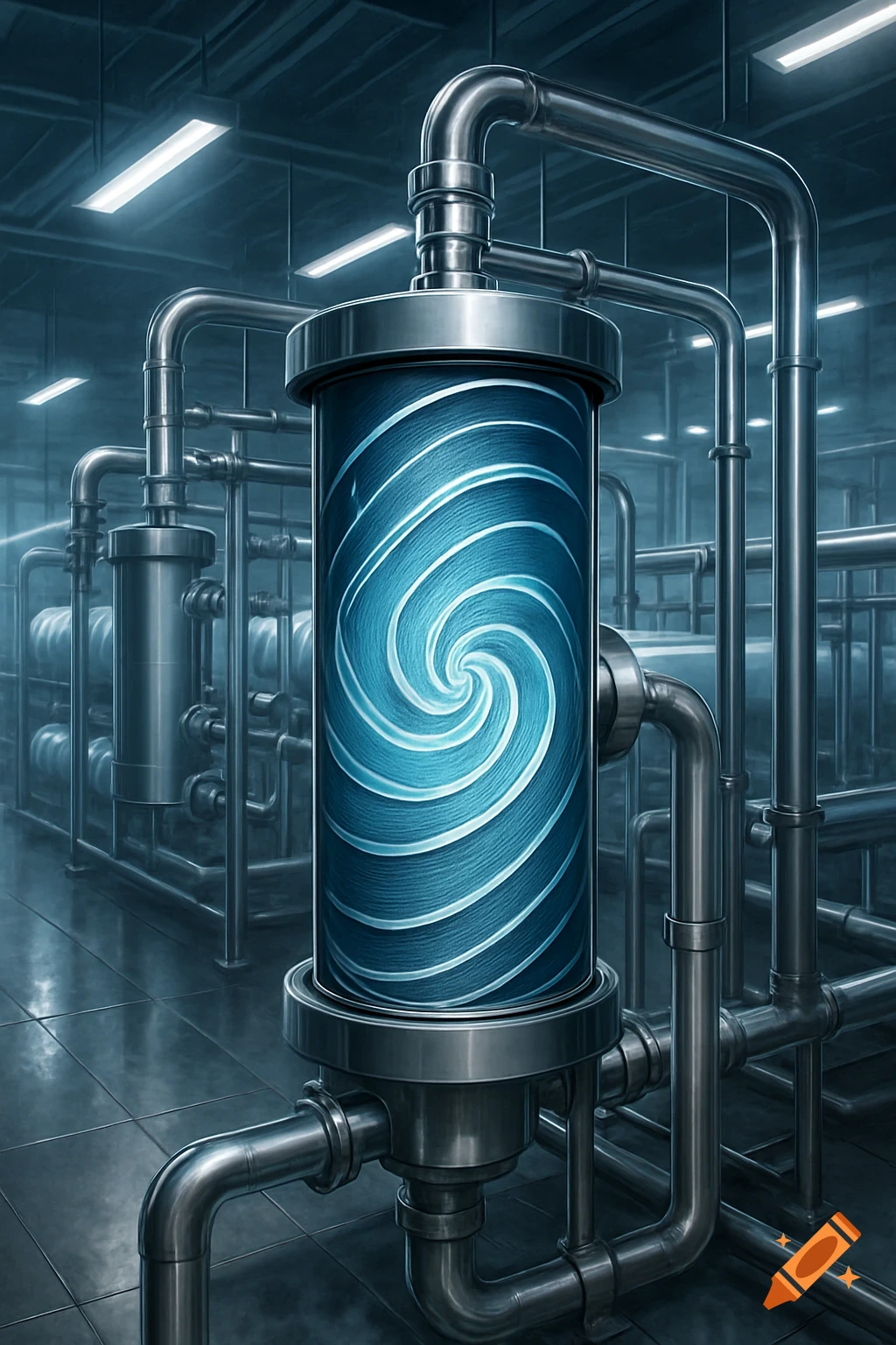 A large cylindrical blue glowing filtration unit with a white spiral design, connected to metal pipes in an industrial setting.