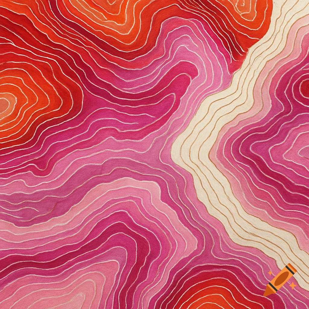 Abstract topographic pattern in vibrant shades of red and pink with light beige lines, creating a wavy, layered texture.