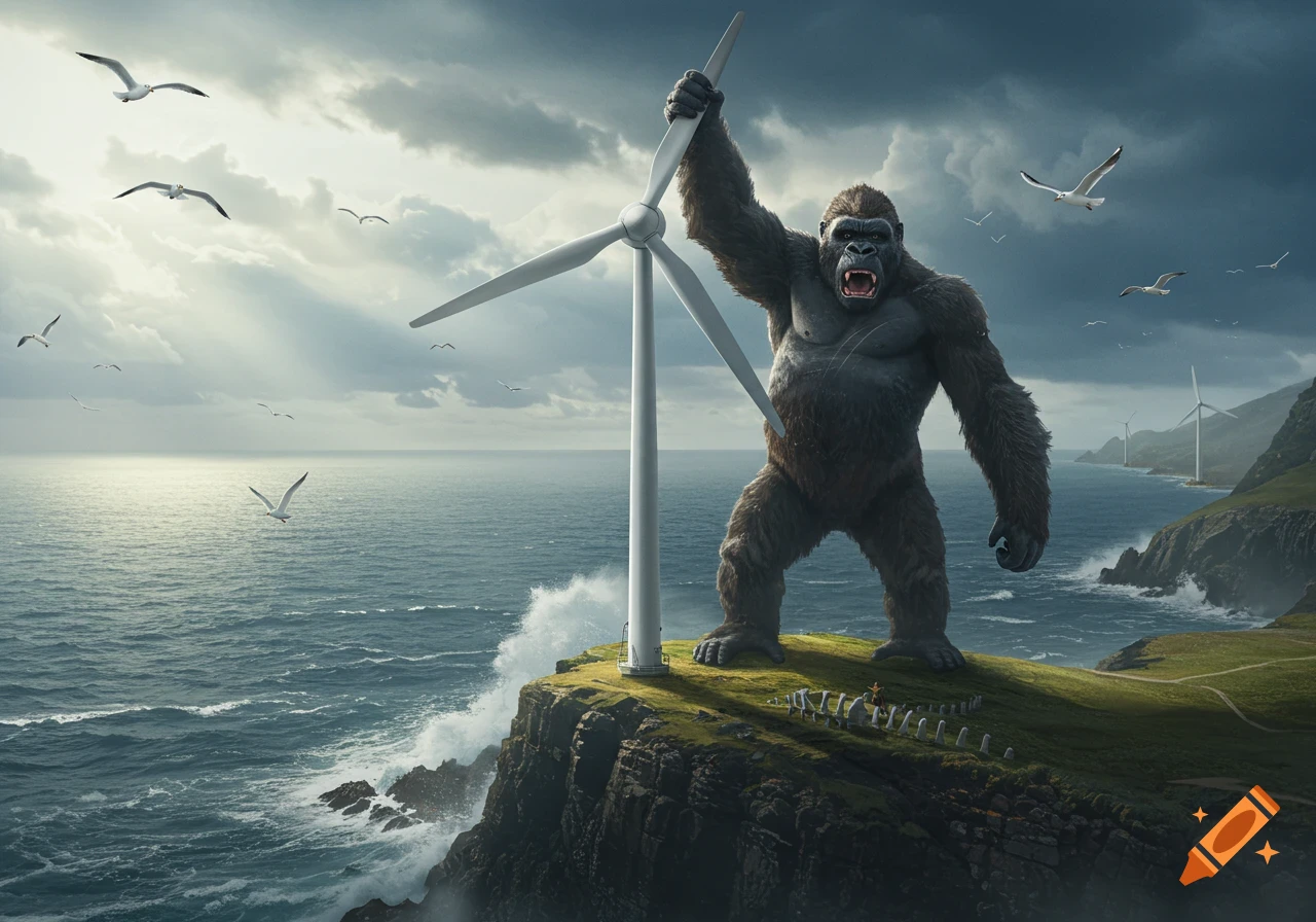 A giant ape, King Kong, stands on a cliff holding a wind turbine blade, overlooking a stormy ocean with seagulls.