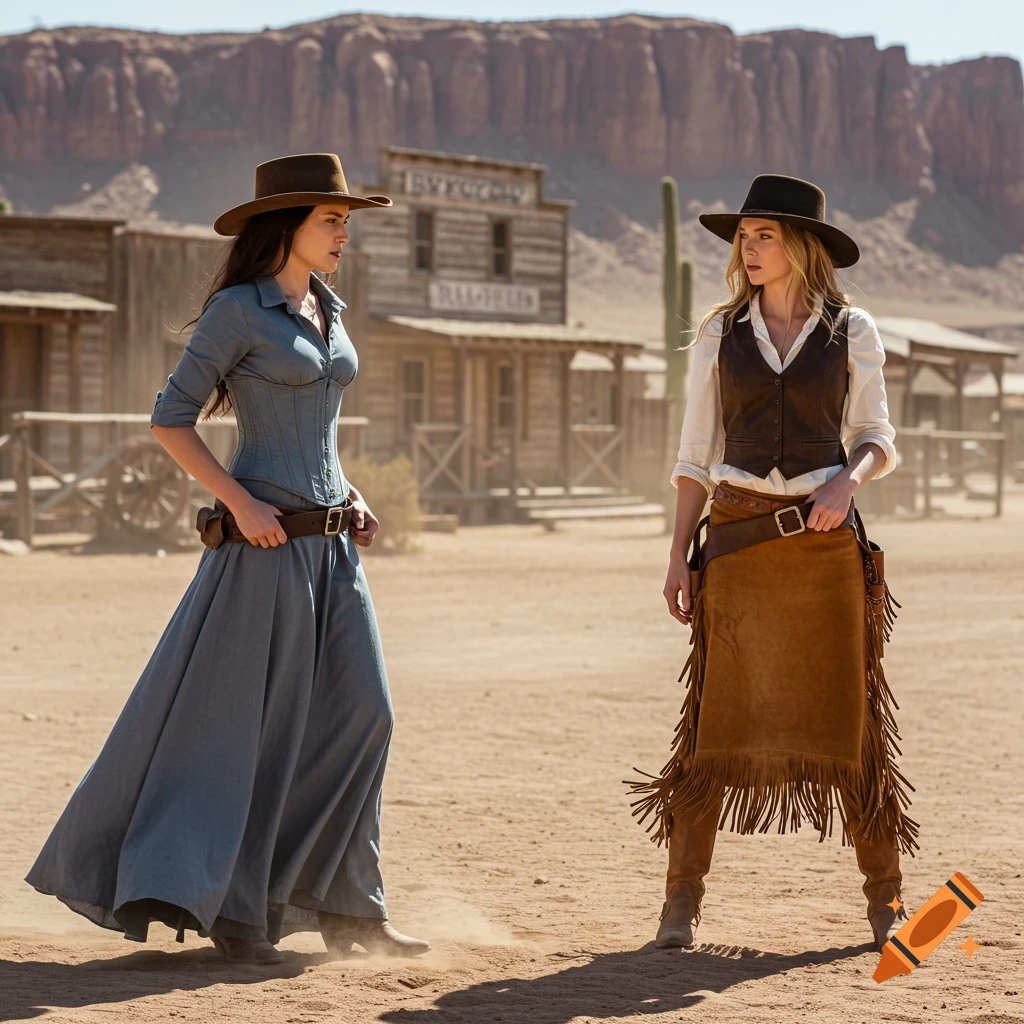 Two women in western attire stand in a desert town, in a photorealistic style.
