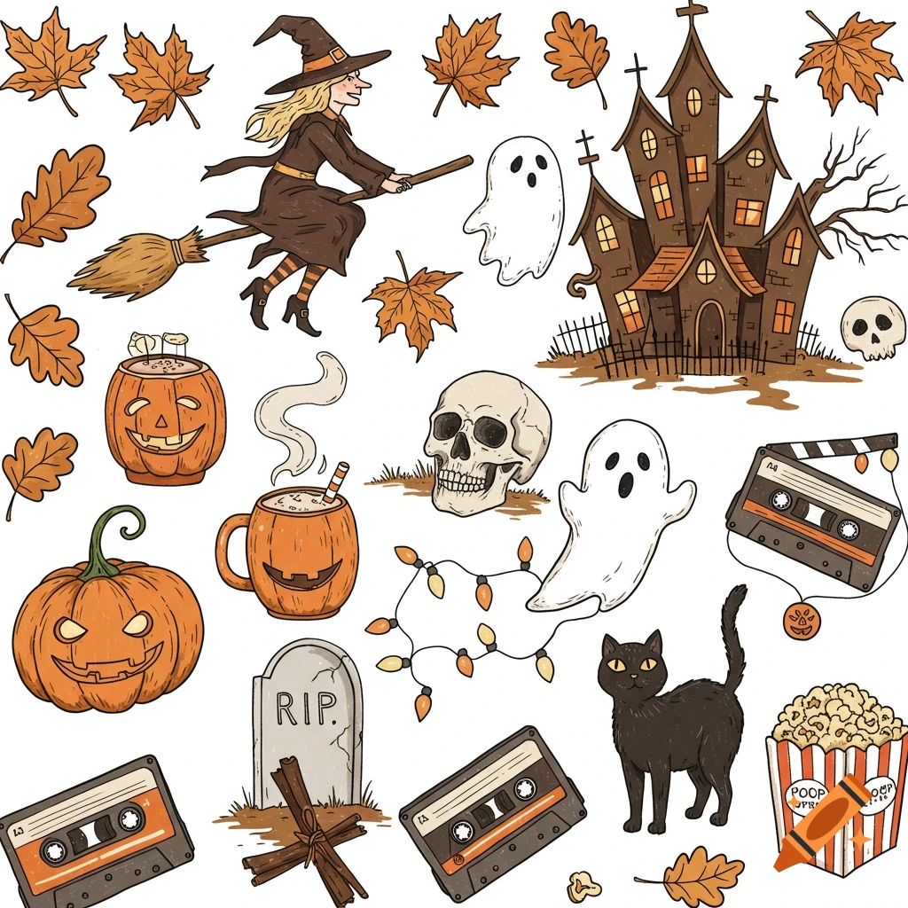 A hand-drawn vintage Halloween collage with a witch on a broom, pumpkins, ghosts, a haunted house, a skull, a gravestone, fall leaves, a black cat, and retro cassette tapes.