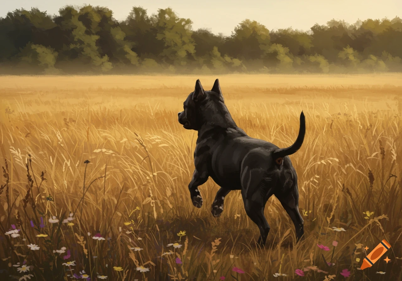 A black American Staffordshire Terrier runs through a golden field with wildflowers and trees in the background, in an illustrative style.