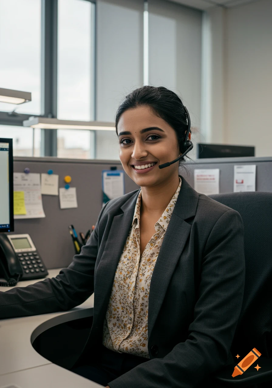 A smiling Indian woman wearing a headset and business casual attire sits at a cubicle desk with a computer and phone.