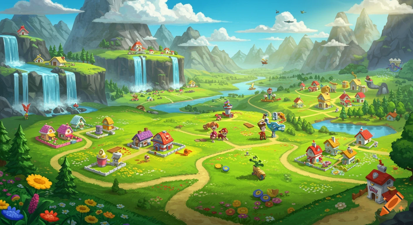 An expansive, colorful cartoon landscape featuring mountains, rivers, waterfalls, and a cheerful village with various small houses and Paw Patrol characters.