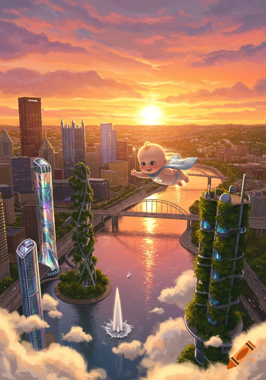 A cute superhero baby flies over a futuristic Pittsburgh cityscape during a vibrant sunset.