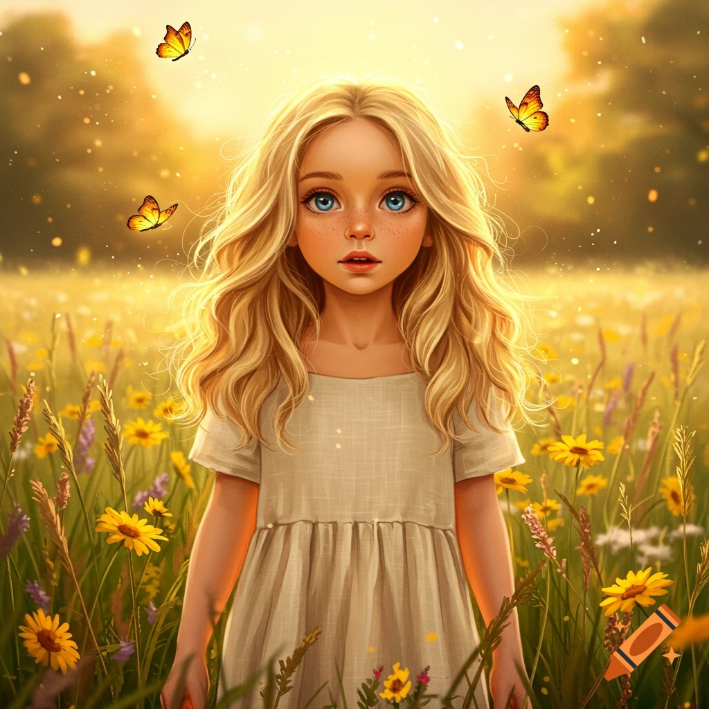 A stylized illustration of a young blonde girl with big blue eyes standing in a sunny field of yellow flowers with butterflies.