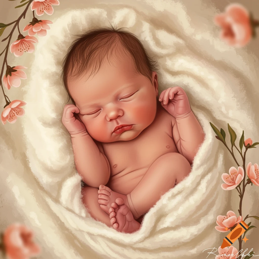 A newborn baby wrapped in a white blanket, sleeping peacefully, with pink flowers around.