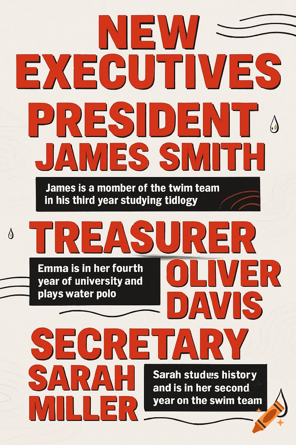 An Instagram post design introducing new university swimming and water polo club executives, featuring red and black bold text with names and roles, and information boxes with details about each member. Decorative water elements are present.