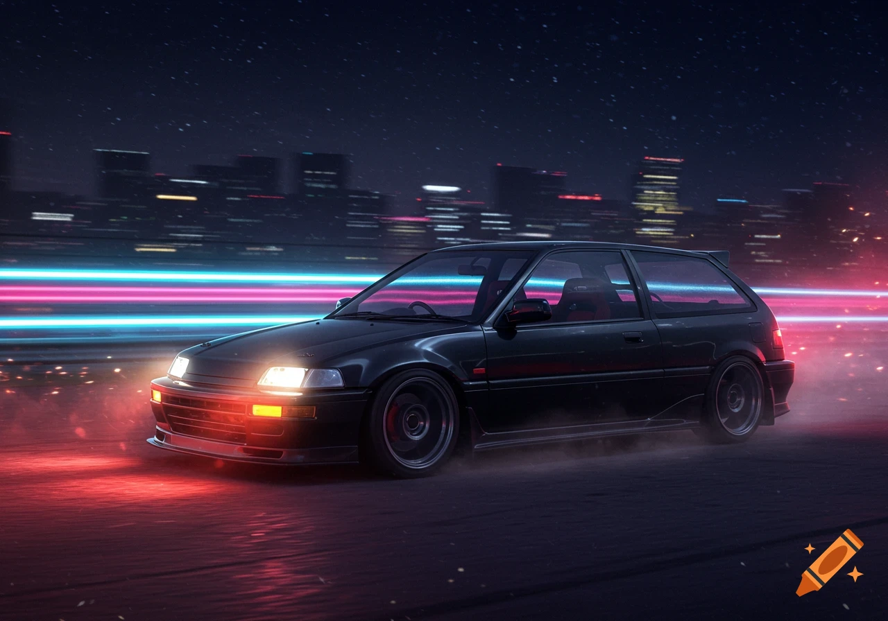 A black 1990 Honda Civic hatchback races through a neon-lit city street at night, with long blue and pink light trails behind it.