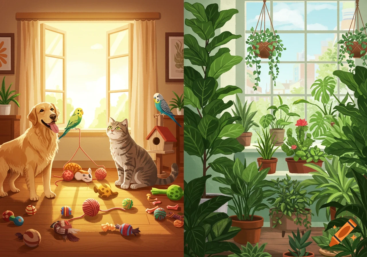 Illustration of a split image: a room with pets and toys, and a room with many houseplants, both with windows.