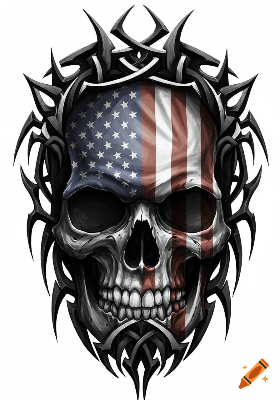 A detailed skull design adorned with an American flag pattern on its face, surrounded by a black tribal art border.
