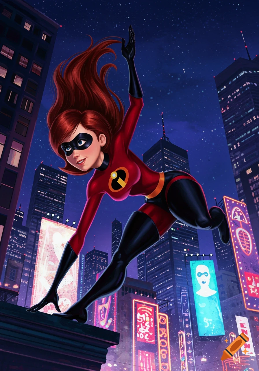 Elastigirl in her red and black suit leaping across city rooftops at night, with neon signs in the background.