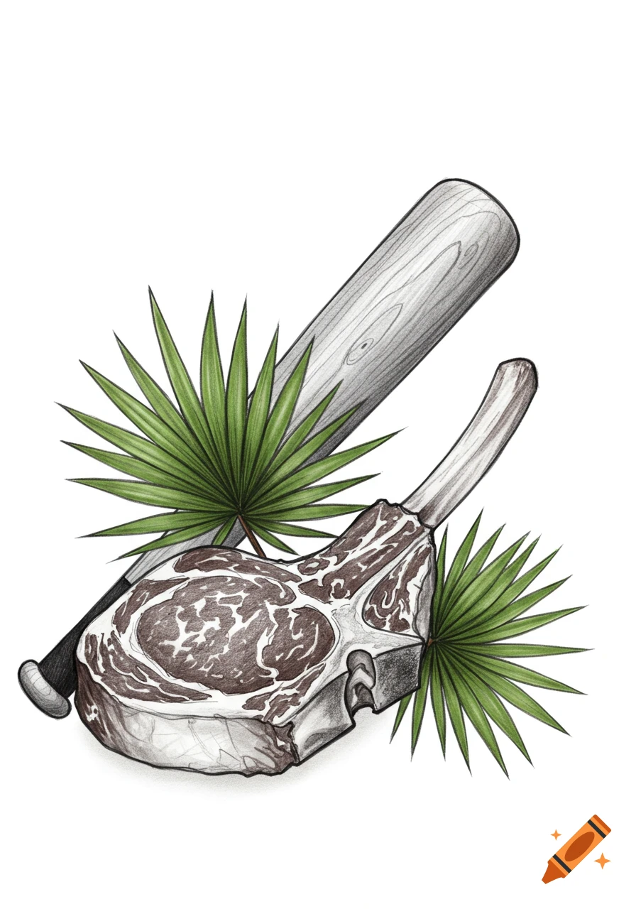 A sketch illustration of a tomahawk steak, two palm-like plants, and a baseball bat arranged in a triangular composition.