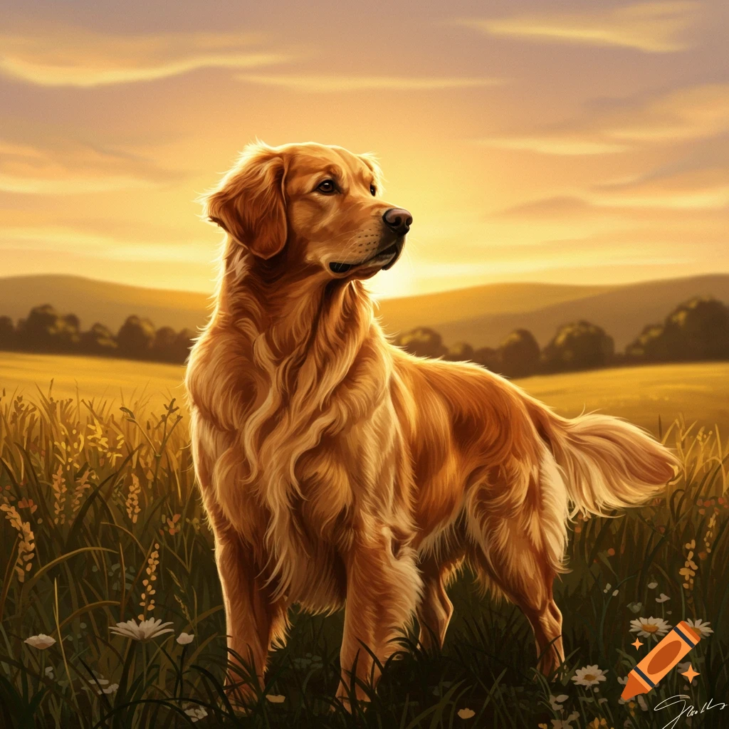 A golden retriever stands in a grassy field with white flowers under a golden sunset sky.