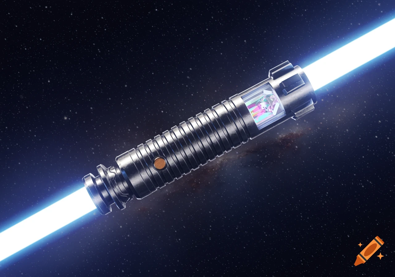 A detailed metallic lightsaber with a glowing blue blade and a visible crystal chamber, set against a dark starry space background.