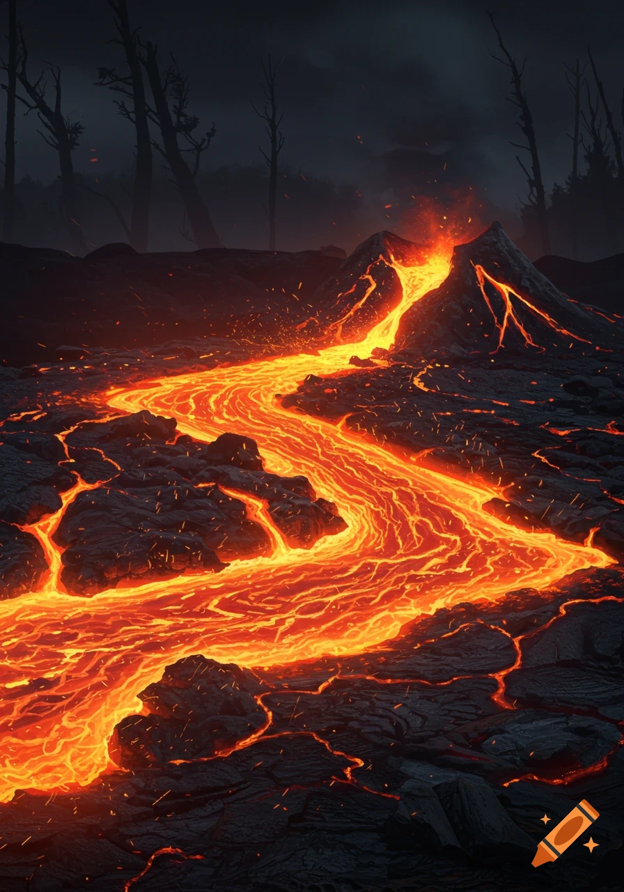 A vibrant river of molten lava flows from a fiery volcano through a dark, cracked landscape with barren trees.